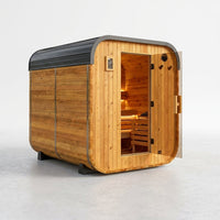 Lennon 6-Person Outdoor Cedar Traditional Wet/Dry Cube Sauna with 9Kw Electric Heater, Wi-Fi Control, LED Lights — Studio Shot