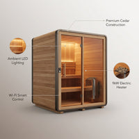 Lennon 6-Person Outdoor Cedar Traditional Wet/Dry Cube Sauna with 9Kw Electric Heater, Wi-Fi Control, LED Lights — infographic
