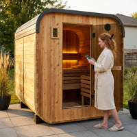 Lennon 6-Person Outdoor Cedar Traditional Wet/Dry Cube Sauna with 9Kw Electric Heater, Wi-Fi Control, LED Lights — Lifestyle